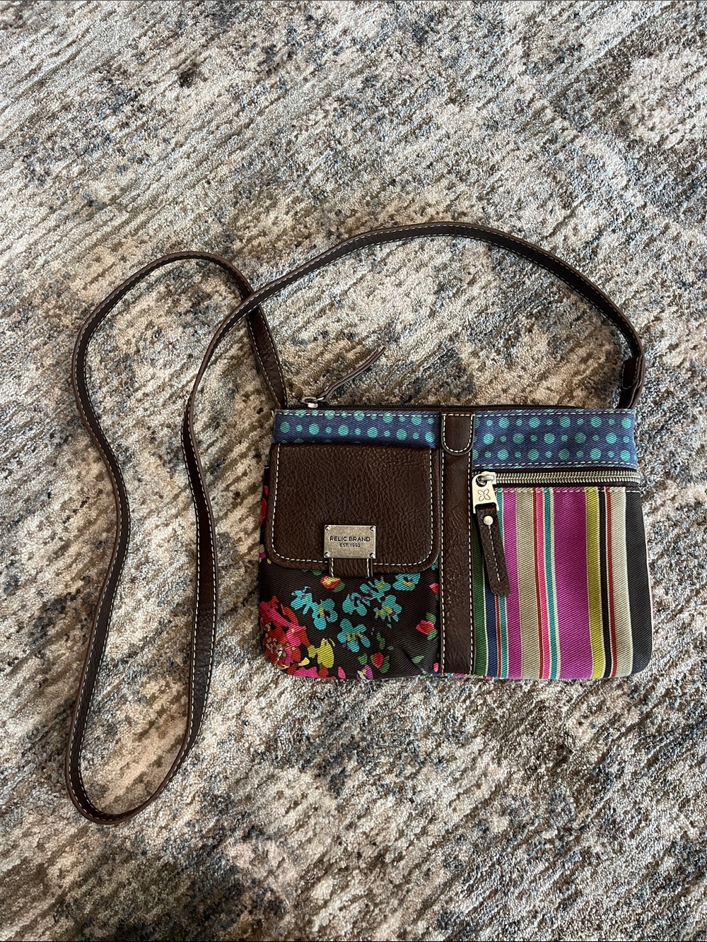 Colorful Patchwork Crossbody Bag - Brown with Multicolor Prints